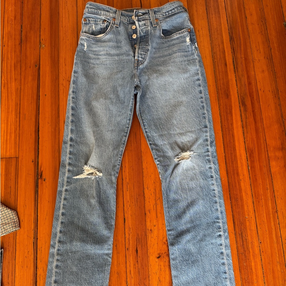 Levi's Blue Straight Leg Jeans with Distressed Knees